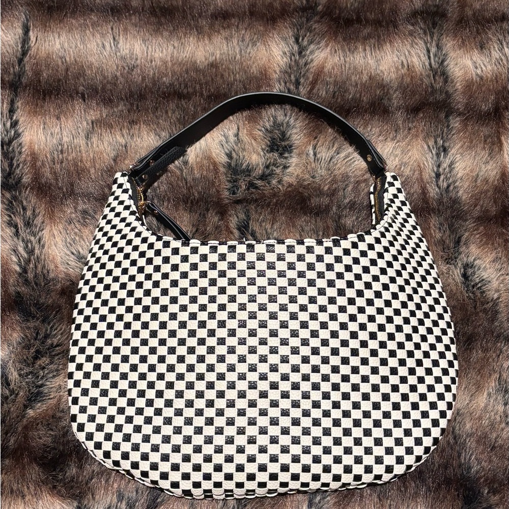 Ah-dorned Black and White Checkered Hobo Shoulder Bag